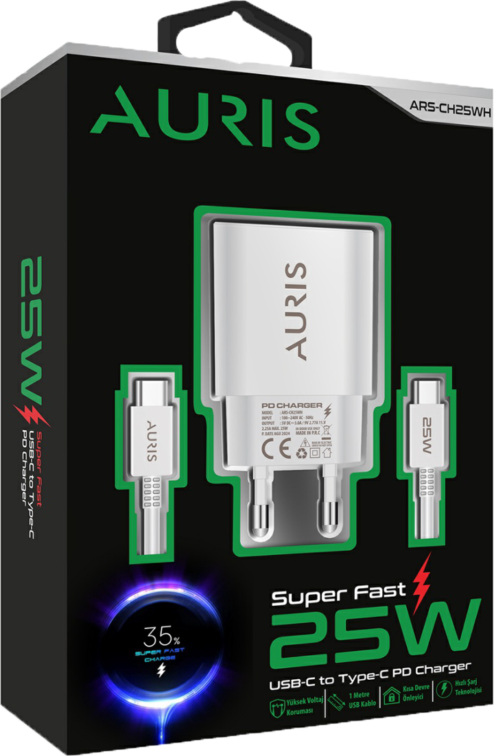 Auris CH25 25W USB-C Hızlı Şarj Cihazı ve Type-C – Type-C Kablo Seti Super Fast Beyaz